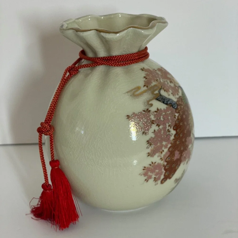 Japanese Satsuma Peacock Crackle Glaze Money Bag‎ Vase Red Tassel Gold Moriage